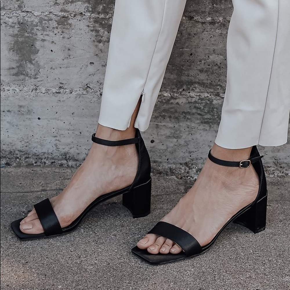 Lulus Emmett Black Satin Ankle Strap Heels